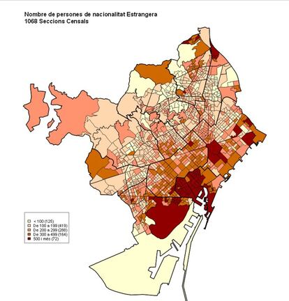 Nombre de persones de nacionalitat estrangera, per seccions censals. 