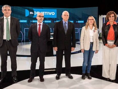 Las candidatos a las elecciones europeas (i-d) de Ciudadanos, Luis Garicano; de Vox, Jorge Buxadé; del PSOE, Josep Borell; de Podemos, María Eugenia Rodríguez; y del PP, Dolors Montserrat, en el debate.