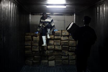 Un grupo de porteadores descarga un camión de pescado del programa de seguridad alimentaria, en una cámara frigorífica privada situada en la zona industrial del antiguo puerto de Nuakchot (Warf). Una vez a la semana se recibe el suministro para las pescaderías desde el puerto de Nuadibu.