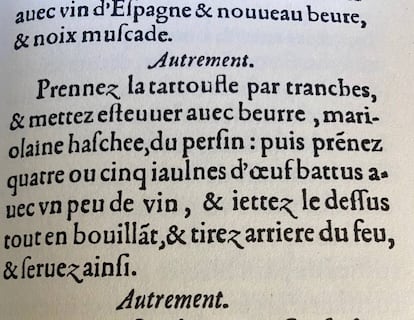 Receta aproximada de tortilla de patatas que figura en el libro 'Ouverture de Cuisine', publicado en Lieja.