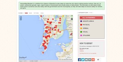 HarassMap registra los informes de acoso enviados por sus víctimas para establecer un mapa de la inseguridad en Bombay.