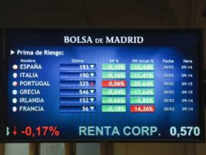Monitor en la bolsa de Madrid que muestra hoy, entre otras, la prima de riesgo de España.