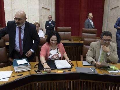 El magistrado en excedencia y exlíder de Vox, Francisco Serrano (derecha), junto a los diputados Alejandro Hernández y Luz Belinda Rodríguez, en el Parlamento andaluz en 2020.