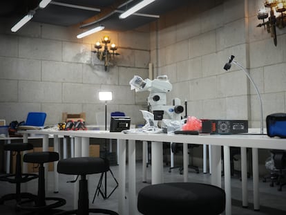 Laboratorio instalado en el interior de la basílica del Valle de Cuelgamuros para examinar los restos recuperados de los columbarios.