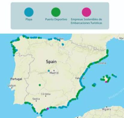 Mapa de los lugares con bandera azul.
