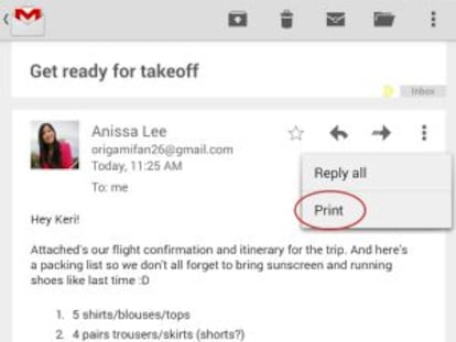 Botón de imprimir para móviles Android en Gmail.