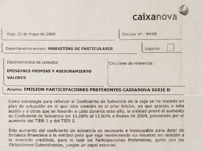 Extracto de circular interna de Caixanova de mayo de 2009.