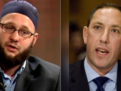 El exreclutador de yihadistas Jesse Morton (izquierda), durante su época radicalizado, y exdirector de Inteligencia de Nueva York Mitchell Silber.