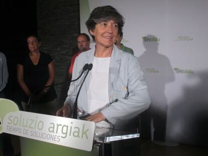 La candidata a 'lehendakari' de EH Bildu, Laura Mintegi, esta mañana en Bilbao.