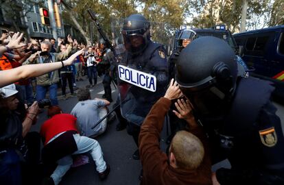 A moment of tension between protesters and officers during Saturday’s protest.