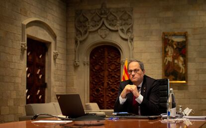 El presidente de la Generalitat, Quim Torra, durante la reunión del Comité de Crisis por la Covid-19 en Cataluña.