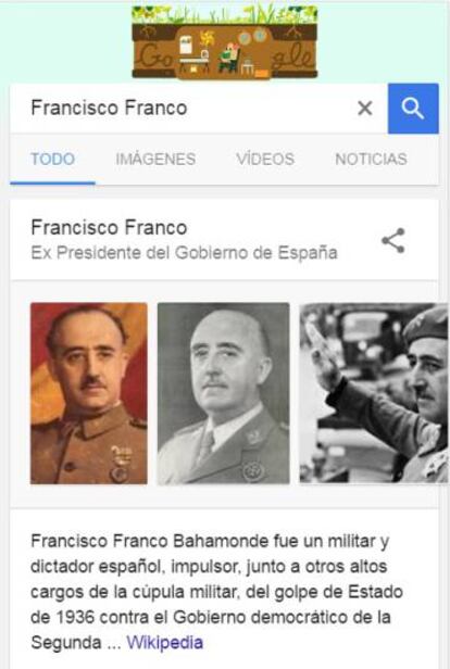 Captura de pantalla de la b&uacute;squeda en Google de &quot;Francisco Franco&quot;.