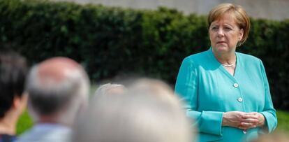 Angela Merkel, en el 70 aniversario de la Constitución, este jueves en Berlín. 