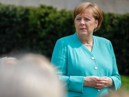 Angela Merkel, en el 70 aniversario de la Constitución, este jueves en Berlín. 