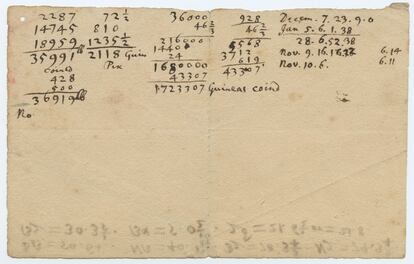 Documento em que um dos matemáticos mais importantes da História, Sir Isaac Newton, fazia contas de suas finanças pessoais em algum momento entre 1696 e 1727.