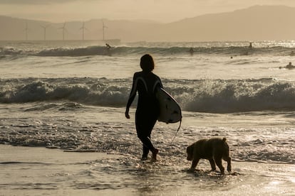 Una surfista, acompañada de su perro, en una playa bilbaína.