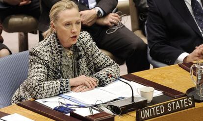 La secretaria de Estado de EEUU, Hillary Clinton, durante su intervenci&oacute;n en la cumbre ministerial celebrada en el Consejo de Seguridad de la ONU.