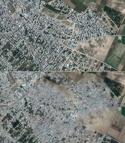 Imágenes satelitales de la ciudad de Beit Hanun, en el noreste de Gaza. Arriba, el 1 de mayo, y abajo, el 21 de octubre, después de los bombardeos israelíes.  
