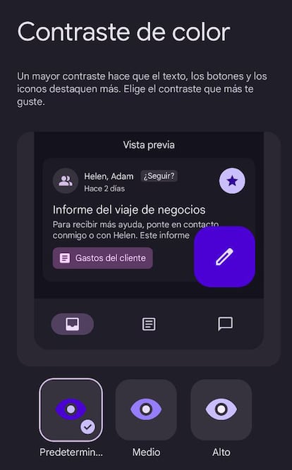 Opción de contraste de color en Android 15