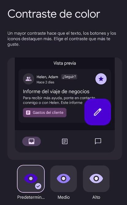 Opción de contraste de color en Android 15