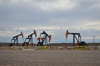 Gatos de bombeo de petróleo en el yacimiento de Vaca Muerta, en la provincia patagónica de Neuquén, Argentina, en mayo de 2023. 