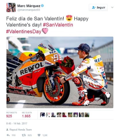 El piloto de motociclismo Marc Márquez felicita San Valentín a... ¡Su moto!