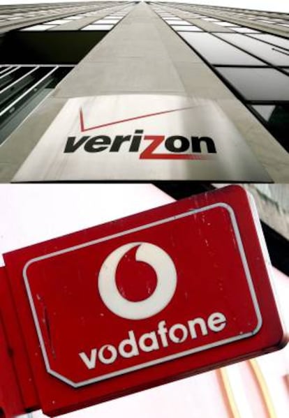 Combo de fotografías que muestra en detalle el logotipo de Verizon en Nueva York (Estados Unidos)y el logotipo de Vodafone en Londres (Reino Unido).