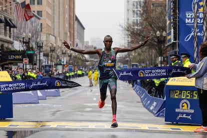 Evans Chebet of Kenya breaks the tape to win the 127th Boston Marathon, Monday, April 17, 2023, in Boston