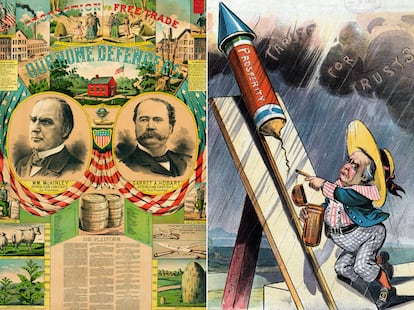 Dos caricaturas de la época del presidente McKinley muestran las cambiantes actitudes frente a los aranceles en esos años.  