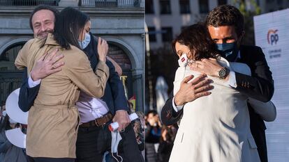 A la izquierda, un abrazo entre Edmundo Bal e Inés Arrimadas. A la derecha, el presidente del PP, Pablo Casado, y la candidata a la reelección en las eleciones madrileñas, Isabel Díaz Ayuso.