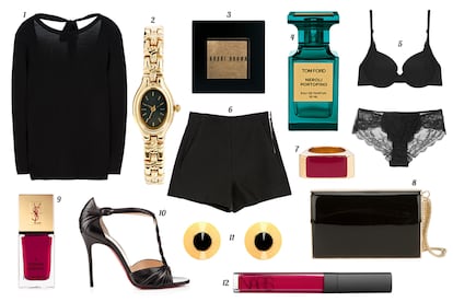 1. Zara Jersey con escote en la espalda. 2. Asos Reloj con cadena de eslabones. 3. Bobbi Brown Sombra de ojos metalizada. 4. Tom Ford Eau de parfum “Neroli Portofino”. 5. Oysho Conjunto de lencería de encaje y lycra. 6. Zara Shorts de tiro alto. 7. Saint Laurent Paris Sortija con lacado. 8. Jimmy Choo Clutch de charol con asa de cadena. 9. Yves Saint Laurent Laca de uñas “La Laque Couture - Fuchsia Cubiste”. 10. Christian Louboutin Sandalia de piel con tira trenzada en el empeine. 11. Lara Bohinc Pendientes de oro y ónix. 12. NARS Lip gloss “Larger than Life”.