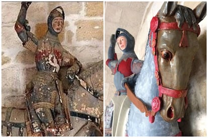 <strong>¿Qué era?</strong> Una escultura de madera del siglo XVI situada en la iglesia de San Miguel de Estella (Navarra) que reproducía la lucha de San Jorge, con armadura y a caballo, contra un dragón. <strong>¿Por qué le han hecho eso?</strong> El párroco de la iglesia “quería adecentar un espacio que estaba sucio” y, tal y como recogía 'El País' a finales de junio, encargó la limpieza de la pieza a una pequeña empresa de manualidades, Karmacolor, saltándose todo tipo de protocolo. El proceso de “restauración” está recogido en un vídeo de Facebook donde la responsable asegura estar “intentando mantener todos los tonos y el proceso para alterar la pieza lo menos posible”. ¿El resultado? Tras tres capas de pintura y varios lijados, este soldado sonrosado y aturdido dista bastante del San Jorge original. En palabras de la experta y responsable de la empresa de restauración ArtUs, Carmen Usúa, “parece un ninot, una falla valencia”. El historiador navarro, Mikel Zuza, también expresó su teoría en redes sociales: “Imagino que [San Jorge] hubiera querido salir a galope de su capilla antes de consentirlo. Qué pena que no pudiera lograrlo”.