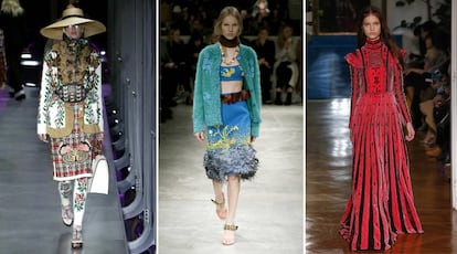 De izquierda a derecha: dise&ntilde;os de Gucci, Prada y Valentino, de sus colecciones oto&ntilde;o/invierno 2017.