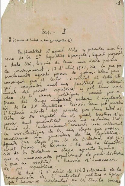 Manuscrit de Josep Pla per al seu llibre 'Història de la Segona República Espanyola’.