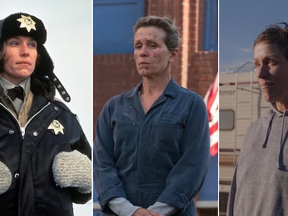 La actriz Frances McDormand en las tres películas que le han valido un Oscar: 'Fargo' (1996), 'Tres anuncios a las afueras' (2017) y 'Nomaland' (2021).