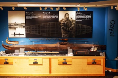 A historic kayak and other artifacts on display at the Alutiiq Museum (Alaska) after being transferred from the Harvard Peabody Museum.