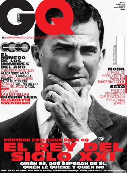 Felipe de Borbón es la flamante portada de <i>GQ</i> de enero de 2009. Con una imagen de hombre maduro y serio, el Príncipe ha posado en exclusiva para la revista, que ha entrevistado a diversas personalidades en cuanto a su opinión del que será el próximo Rey de España. Mientras Iñaki Gabilondo opina que será "el rey más sólido de nuestra historia", Jaime Peñafiel no tiene tanta fe: "No tiene ni carisma, ni formación aunque pueda parecerlo". Unos lo critican, como Iñaki Anasagasti: "De qué le sirve pilotar un F18 si no sabe gallego, catalán ni euskera". Pero otros le entregan su confianza: "Será un rey de España de su tiempo, acompañado de una mujer extraordinaria", opina Luis María Ansón.