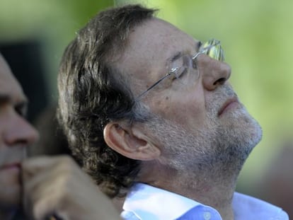 Rajoy, durante la reuni&oacute;n del PP en Soutomaior, Galicia.