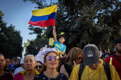 Un ni?o sostiene una bandera venezolana, mientras se lleva a cabo una manifestacin en contra de la investidura de Nicols Maduro, en el Parque Almagro, en Santiago, Chile.