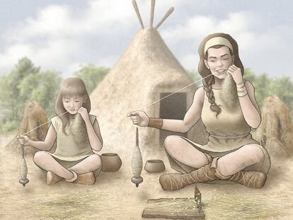 Artists impression of two women spinning yarn in the 3rd millennium B.C.