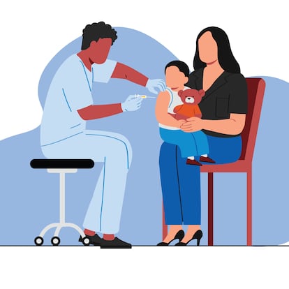 A nurse gives an injection to a child while being held by his mother. Flat style design character vector for medical and health care illustration.
