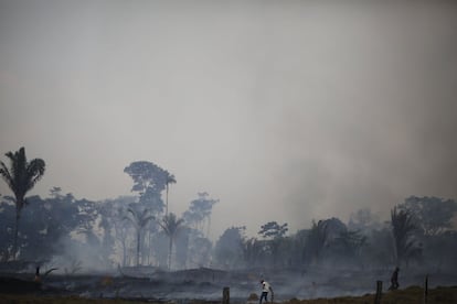 Men try to extinguish a fire at a farm in Rio Pardo next to Bom Futuro National Forest, in the district of Porto Velho, Rondonia State, Brazil, August 30, 2015. The town of Rio Pardo, a settlement of about 4,000 people in the Amazon rainforest, rises where only jungle stood less than a quarter of a century ago. Loggers first cleared the forest followed by ranchers and farmers, then small merchants and prospectors. Brazil's government has stated a goal of eliminating illegal deforestation, but enforcing the law in remote corners like Rio Pardo is far from easy. REUTERS/Nacho DocePICTURE 8 OF 40 FOR WIDER IMAGE STORY "EARTHPRINTS: RIO PARDO" SEARCH"EARTHPRINTS PARDO" FOR ALL IMAGES