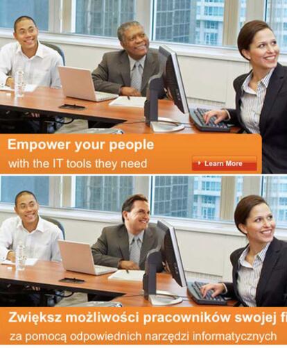 La imagen de arriba, con el hombre negro en el centro, muestra la publicidad de Microsoft emitida en Estados Unidos. La imagen inferior recoge el 'cambiazo' efectuado por la división polaca.