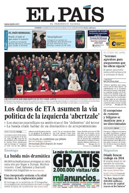 Los duros de ETA, los pistoleros más emblemáticos de ETA. Así se refería EL PAÍS en una de sus primeras portadas del año a los 74 antiguos reclusos protagonistas de un acto celebrado en Durango durante el que un selecto grupo de terroristas con muchos delitos de sangre a sus espaldas escenificó su unión y su compromiso con la vía política de la izquierda abertzale. El ministro del Interior, Jorge Fernández Díaz, calificó al acto como "aquelarre repugnante".<p> <b>Noticia</b>: <a href="http://politica.elpais.com/politica/2014/01/04/actualidad/1388831908_513647.html" target="blank">Los ex reclusos de la banda terrorista se suman a la política</a>