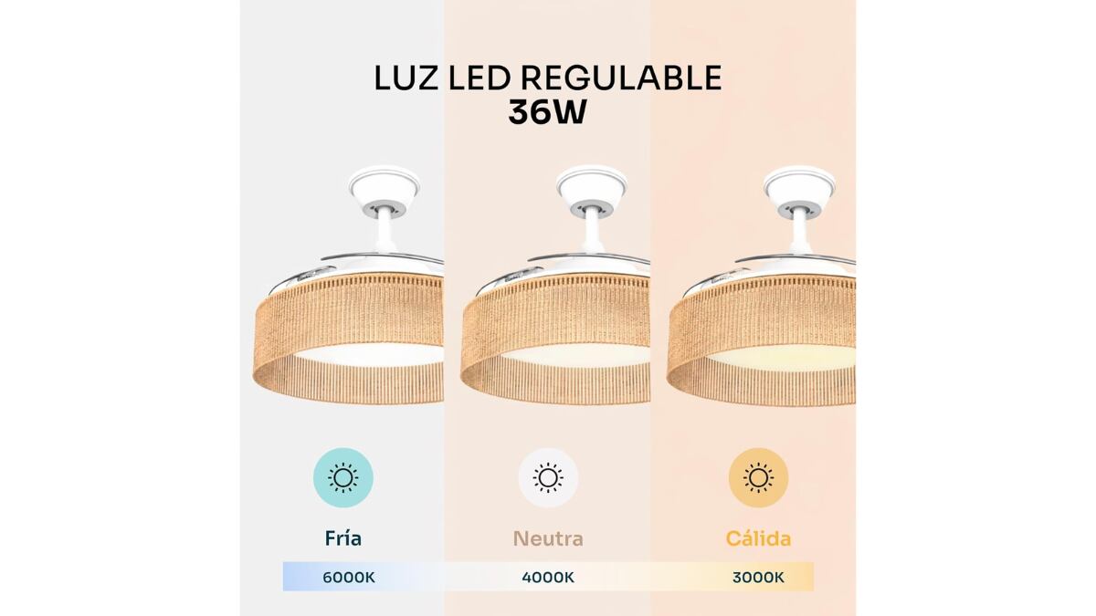 El ventilador de techo incorpora una luz que se puede ajustar.