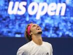 Alexander Zverev, of Germany, reacts after defeating Pablo Carreno Busta, of Spain, during a men's semifinal match of the US Open tennis championships, Friday, Sept. 11, 2020, in New York. (AP Photo/Seth Wenig)