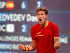 Tokyo (Japan), 29/07/2021.- Pablo Carreno Busta of Spain, backed by scoreboard, reacts after winning in front of Daniil Medvedev, of the Russian Olympic Committee, at the end of the Men's Singles Quarterfinal Tennis match of the Tokyo 2020 Olympic Games at the Ariake Coliseum in Tokyo, Japan, 29 July 2021. (Tenis, Japón, Rusia, España, Tokio) EFE/EPA/RUNGROJ YONGRIT