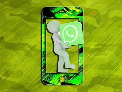 Logotipo de WhatsApp con un muñeco que sale de un smartphone