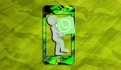 Logotipo de WhatsApp con un muñeco que sale de un smartphone
