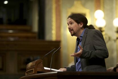 Pablo Iglesias interviene en una sesi&oacute;n del Congreso.